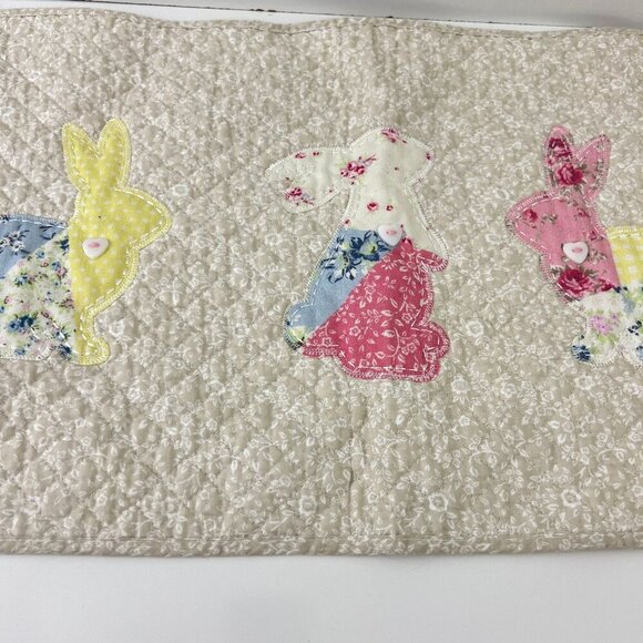 Shabby Chic Quilted Table Runner With Bunny Appliqués 14"x48" Beige With Pastel - Picture 10 of 10
